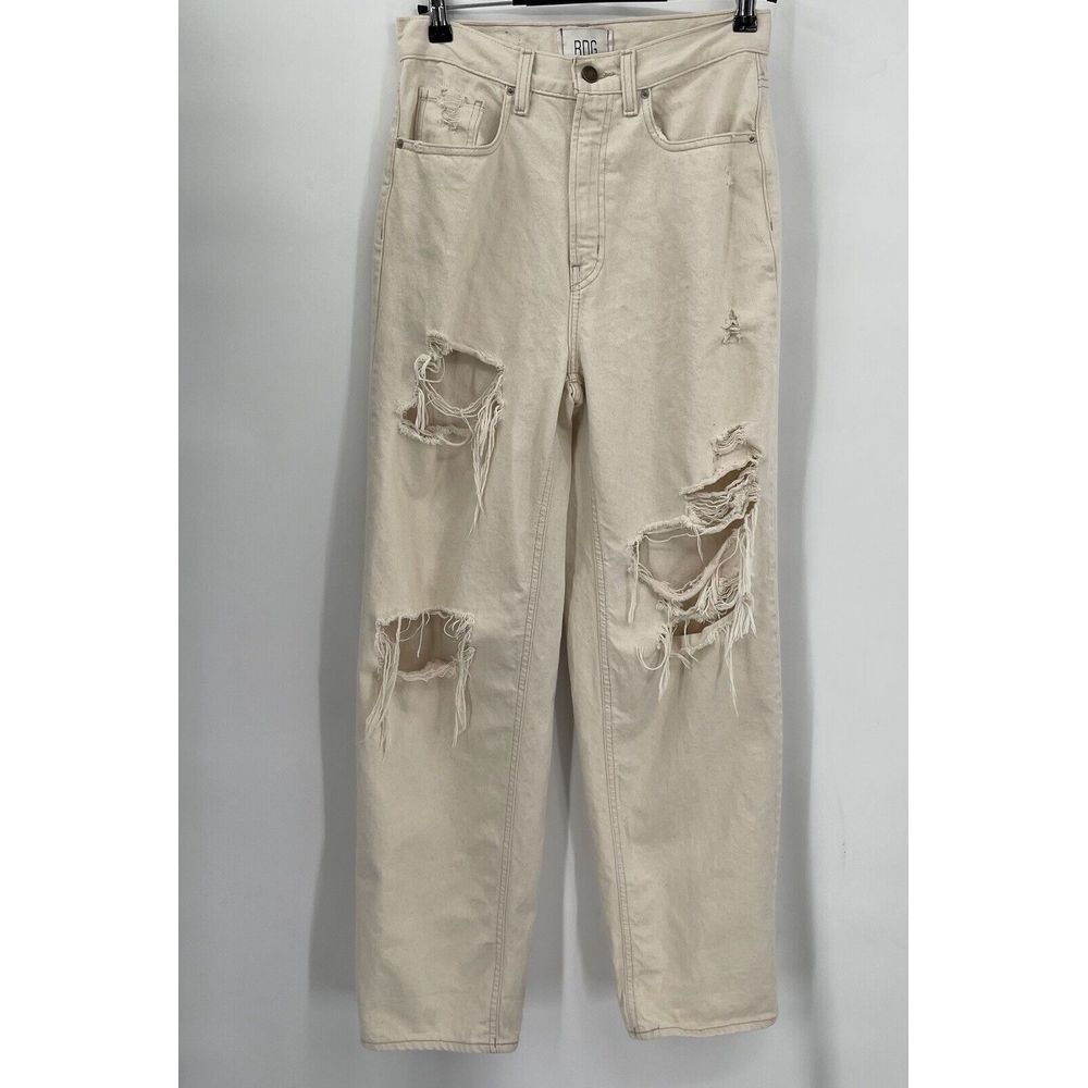BDG 28 High-Rise Baggy Jeans Womens Cream Distressed Wide‎ Leg Denim Pants